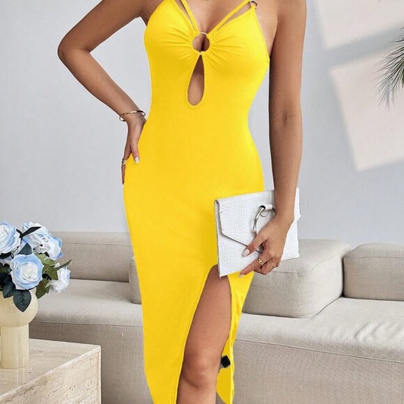 Yellow Sexy Women's Ring Connection Pleated Slit Long Slim Cami Dress - Picture 4 of 7